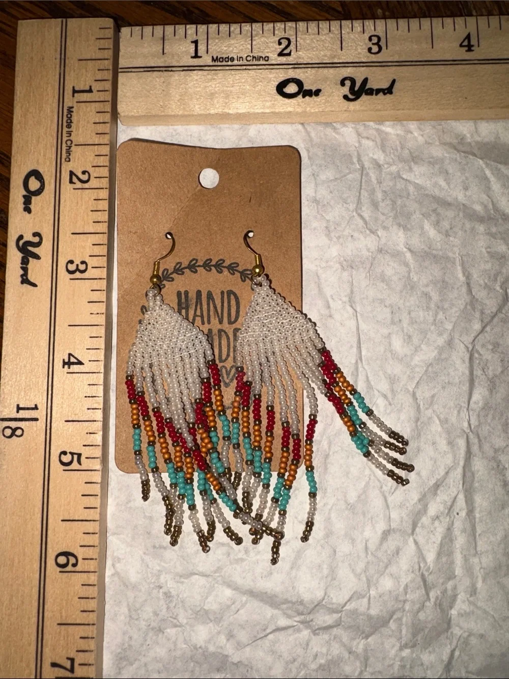 Handmade White Fringe Beaded Earrings with Turquoise & Red Accents